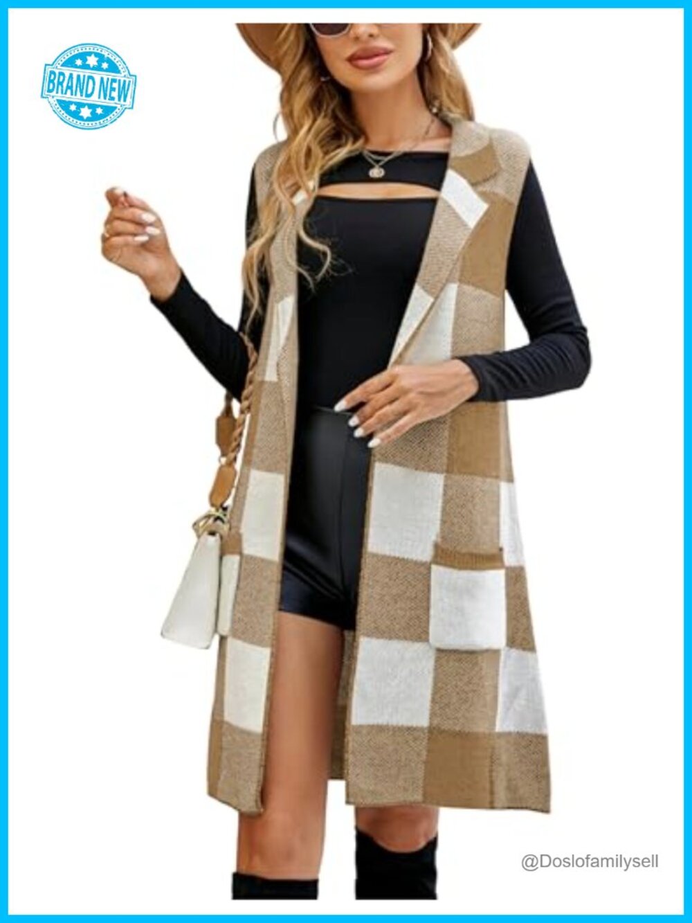 Sleeveless Open Front Checkered Knit Cardigan Vest Sweater